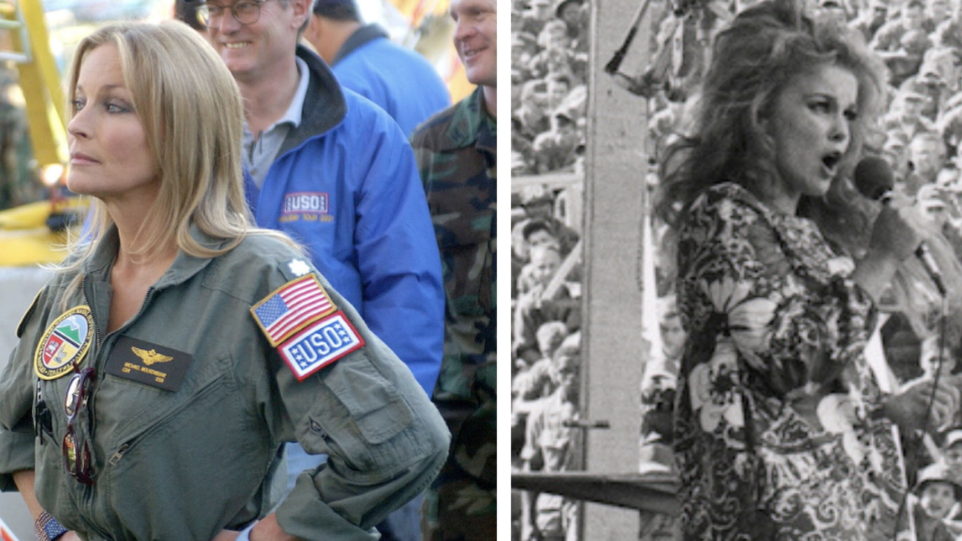 Left: Bo Derek preparing to perform for troops in 2001; Right: Ann-Margret performing for troops in 1968